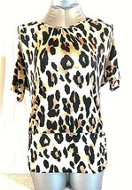 579  Women&#39;s  XS  SHORT SLEEVE GOLD BLACK ANIMAL PRINT STRETCH TOP BLOUS... - £3.23 GBP