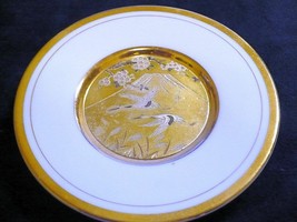 Vintage Chokin Plate Cranes and Fuji Japan 24KT Gold Trim on White Porcelain - £11.61 GBP