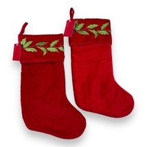 2 New Lord &amp; Taylor Red Velour Embroidered Holly Berries Christmas Stockings 20” - $26.24