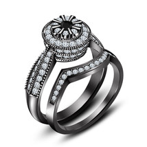 Black &amp; White Diamond Engagement Wedding Band Bridal Ring Set 14K Black Gold Fn - £70.05 GBP