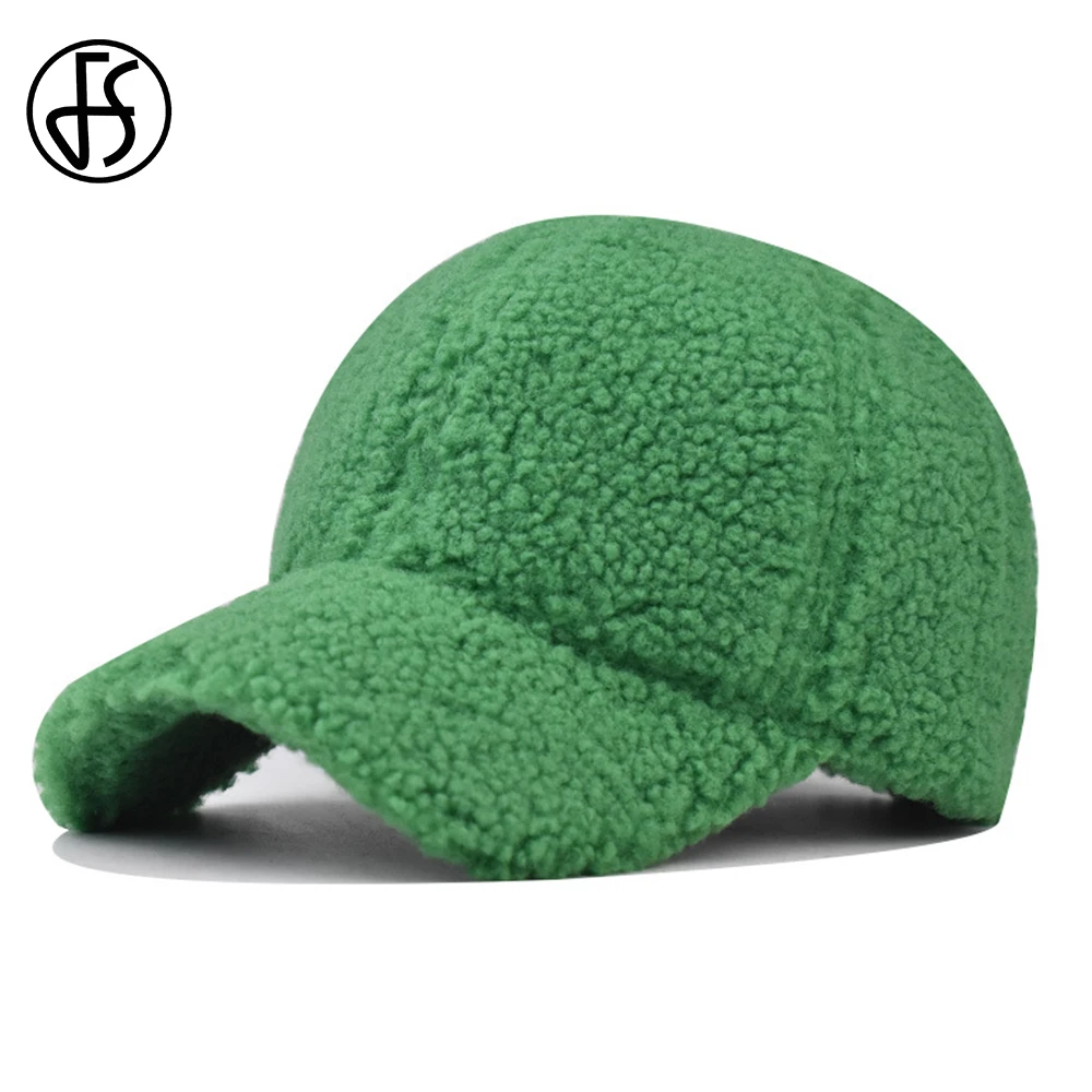 FS 2024 Green Plush Brand Baseball Caps For Men Winter Outdoor Warm Lamb Wool - £11.36 GBP+