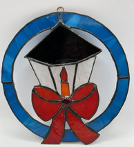Suncatcher/Stained Glass Handmade Christmas Wreath Lantern Candle Red Bow 8&quot; Dia - £33.63 GBP