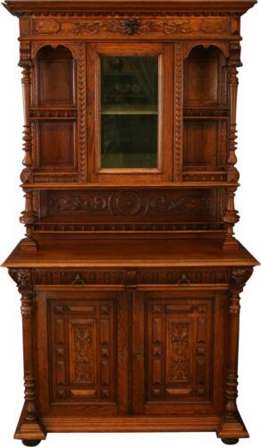 Primary image for Antique Renaissance Buffet Belgium 1900, Nicely Carved Oak Animals, Glass Door  
