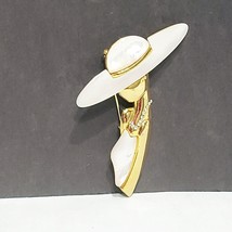 Silhouette Lady in Hat Faux Mother of Pearl Pin Brooch Rhinestone 3&quot; Gol... - £20.86 GBP