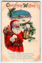 Santa Claus Christmas Postcard Saint Nick Holds Lantern Sack Toys 1925 Stecher - $18.00