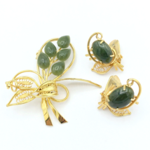 NEPHRITE JADE brooch &amp; clip earring set - vtg gold-tone filigree green s... - £31.24 GBP