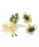 NEPHRITE JADE brooch &amp; clip earring set - vtg gold-tone filigree green s... - £31.24 GBP