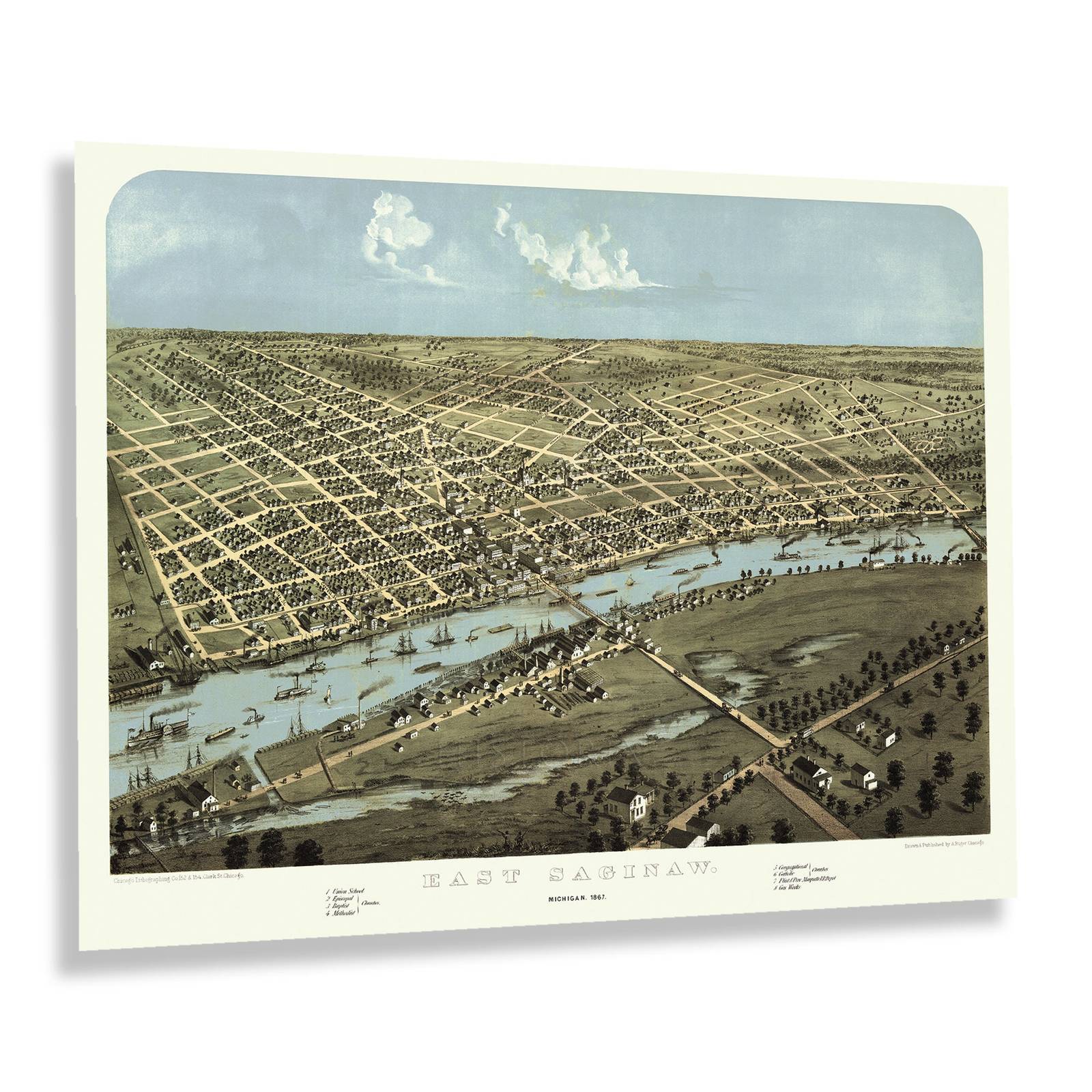 1867 East Saginaw Michigan Bird's Eye View Map Poster Wall Art Print - £31.86 GBP - £47.80 GBP