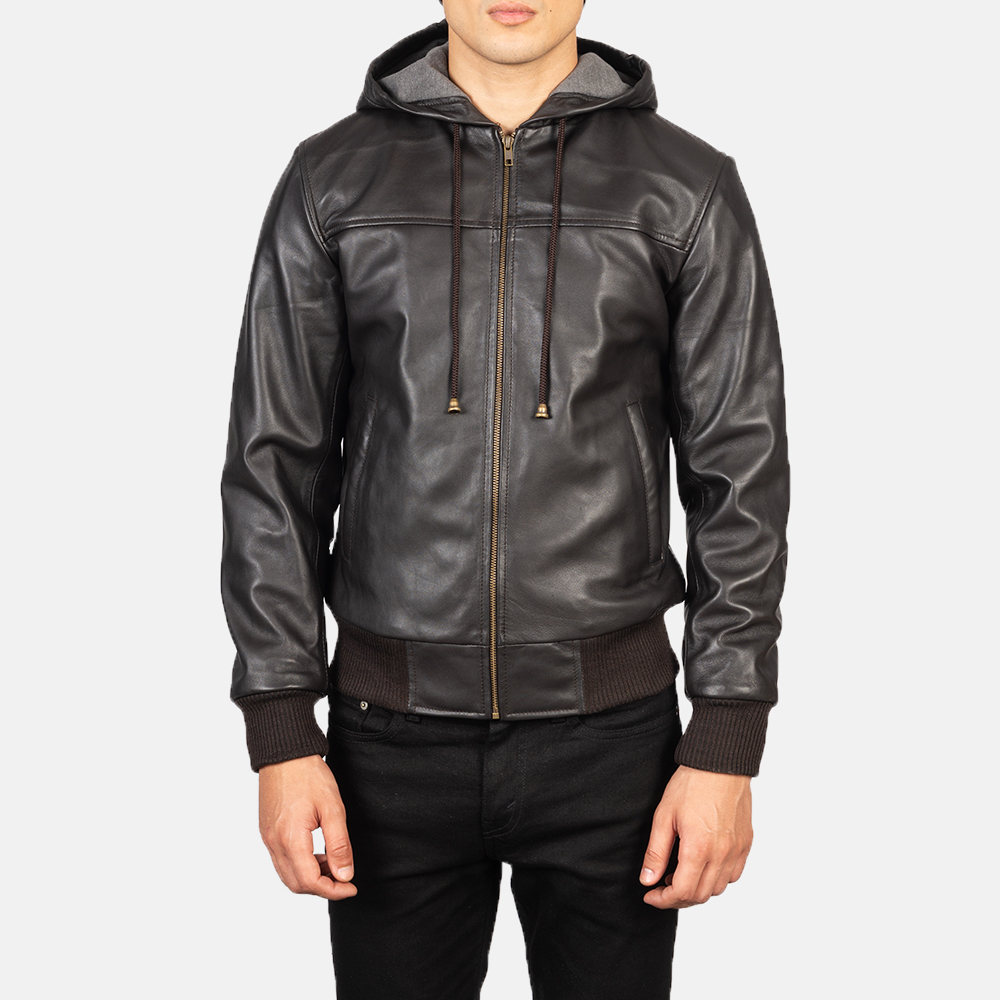 LE Nintenzo Brown Hooded Leather Bomber Jacket