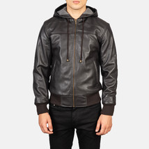LE Nintenzo Brown Hooded Leather Bomber Jacket - £111.11 GBP+