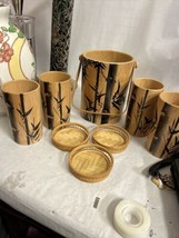Tiki Bamboo Glasses &amp; Ice Bucket Hand Painted Korean War Souvenir 50&#39;s Set of 8 - £46.54 GBP