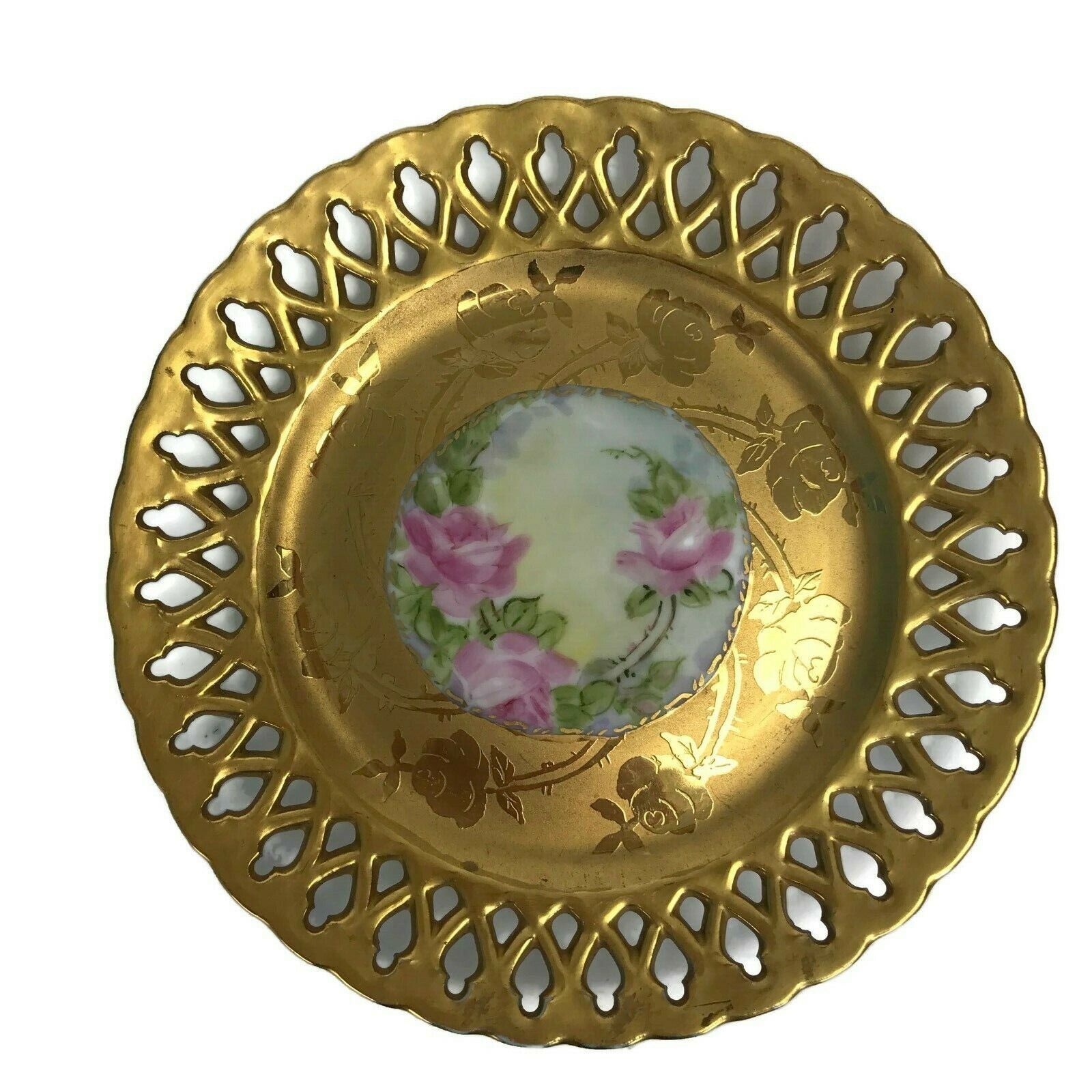 Primary image for Vintage Gold Encrusted Rose Handpainted Plate Pierced Reticulated Border Edge MK