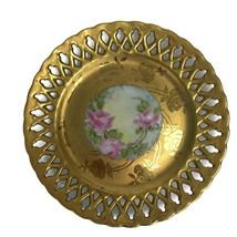 Vintage Gold Encrusted Rose Handpainted Plate Pierced Reticulated Border... - £26.06 GBP