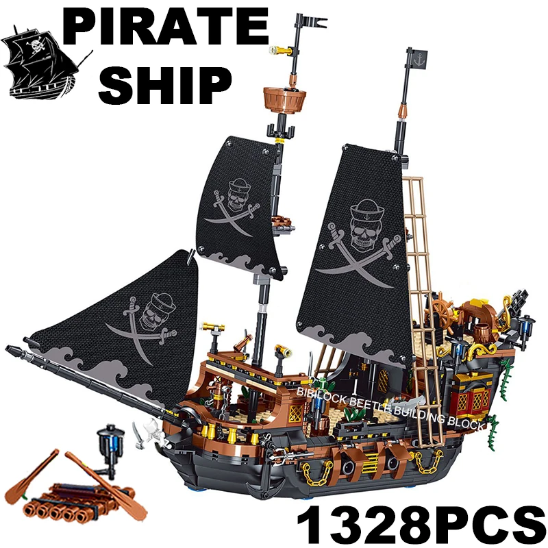 1328PCS Black Pirates Ship Building Blocks Adventure Boat Island Storm Vessel - £36.22 GBP+