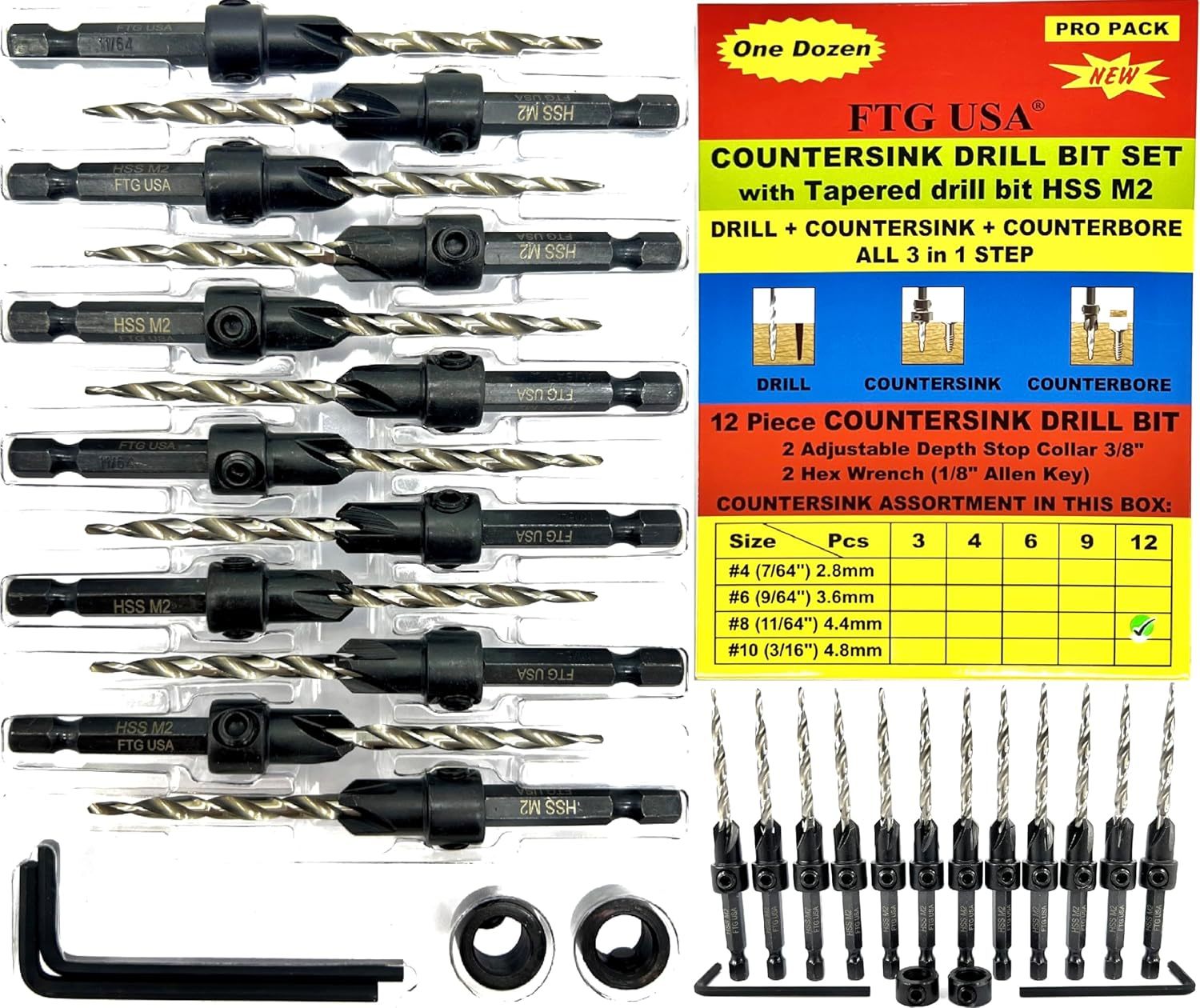Countersink Drill Bit Set For Wood With Tapered Drill Bit 12 Pc #8 (11/64&quot;) - $77.93
