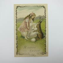Easter Postcard Blonde Girl Pink Dress &amp; Hair Bow Rabbit Eggs Embossed Antique - £7.85 GBP