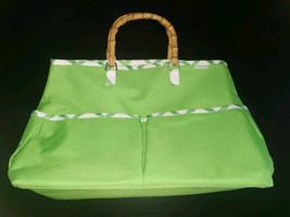 Clinique Tote Bag Green White Handbag Wooden Bamboo Style Handel Lightwe... - $19.99