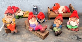 Lot of 7 Vintage Garden Gnome Elf Hand Painted Ceramic 7.5&quot; to 10&quot; Decor... - £70.39 GBP
