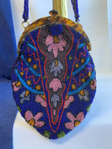 Vtg Seed Bead Purse Blue Floral Handbag Pocketbook Sling Bag Metal Frame Beaded - £77.81 GBP