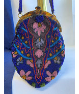 Vtg Seed Bead Purse Blue Floral Handbag Pocketbook Sling Bag Metal Frame... - $98.95