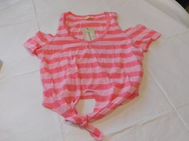 Derek Heart Womens Short Sleeve crop T Shirt Size M med Pink White Striped NWT - £23.92 GBP