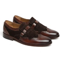 Handmade Men Monk Shoe Brown Fringe Suede Leather Rounded  Toe Premium Quality - £111.11 GBP