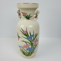 Vintage Japan Porcelain Iris Hummingbird Vase ART w/ Handles Gold Trim 1... - $34.46