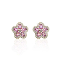 18K Gold Pink Sapphire Cherry Blossom Flower Earrings - £1,007.18 GBP