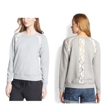 Rebecca Taylor Distressed Cotton Lace Inserts Gray Sweatshirt Knit Top Tunic - £21.56 GBP