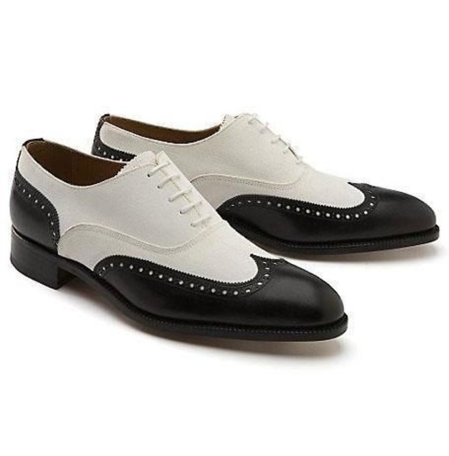 new Handmade White Black Shoes, Men's Leather Lace Up Spectator Wingtip Brogue S