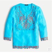 New J Crew Women Monaco Blue Red Floral Embroidered Long Sleeve Linen Tu... - £38.92 GBP