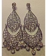 Pierced Earrings Gypsy Style Dangling Ornate Silver Rhinestones - £6.62 GBP