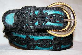 Elite Bright Green Genuine Leather and Black Soutache Belt Size Large - 32 - £35.92 GBP