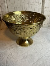 VTG Brass Bowl Hand Etched Footed Pedestal Dish Grape Leaf Motif India Boho  - £32.32 GBP