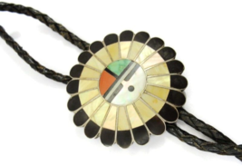 Zuni Sunface Bolo Neck Tie Inlaid Mop Black Onyx Turquoise Coral Easy Latch - £514.37 GBP