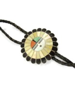 Zuni Sunface Bolo Neck Tie Inlaid Mop Black Onyx Turquoise Coral Easy Latch - £508.93 GBP
