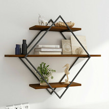 Industrial Geometry Wood Floating Shelf Heavy Duty Hanging Wall Mounted Unit - £38.04 GBP