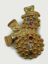 Gold Tone Snowman With Rhinestones Brooch Lapel Pin Costume Jewelry Winter - £16.96 GBP