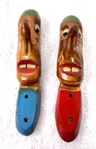 2 Folk Art Hand Carved People w Lrg Noses Wall Hooks Big Eyes and Teeth - $22.28