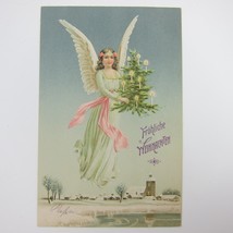 Christmas Postcard Angel Holds Tree Candles Fly Over Farm Embossed Antique 1911 - £7.82 GBP