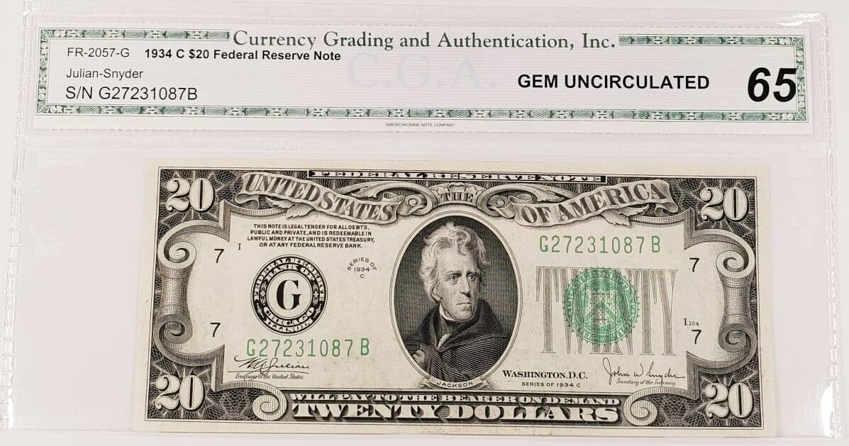 Primary image for 1934-C $20 Federal Reserve Note in Gem Uncirculated Condition FR #2057-G