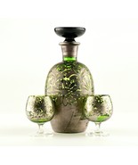 *Vintage 8” Blown Glass Green Decanter Silver Overlay with Stopper and 2... - $1,726.69 MXN