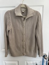 LL Bean Womens Cardigan Sweater Beige Large Pima Cotton Chunky Knit Button Up - £18.46 GBP