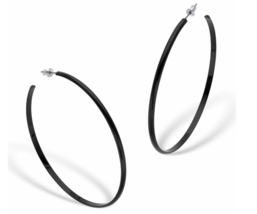 BLACK ENAML OPEN HOOP EARRINGS IN SILVERTONE 2.75&quot; - £55.94 GBP