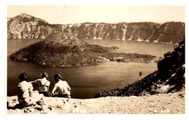 Crater Lake Oregon Black and White RPPC with People Sitting Lakeside Postcard - £9.31 GBP