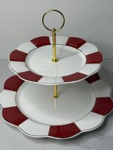 Grace Teaware Scolloped  Red Stripe 2 Tier Tidbit Serving Tray New - $44.50