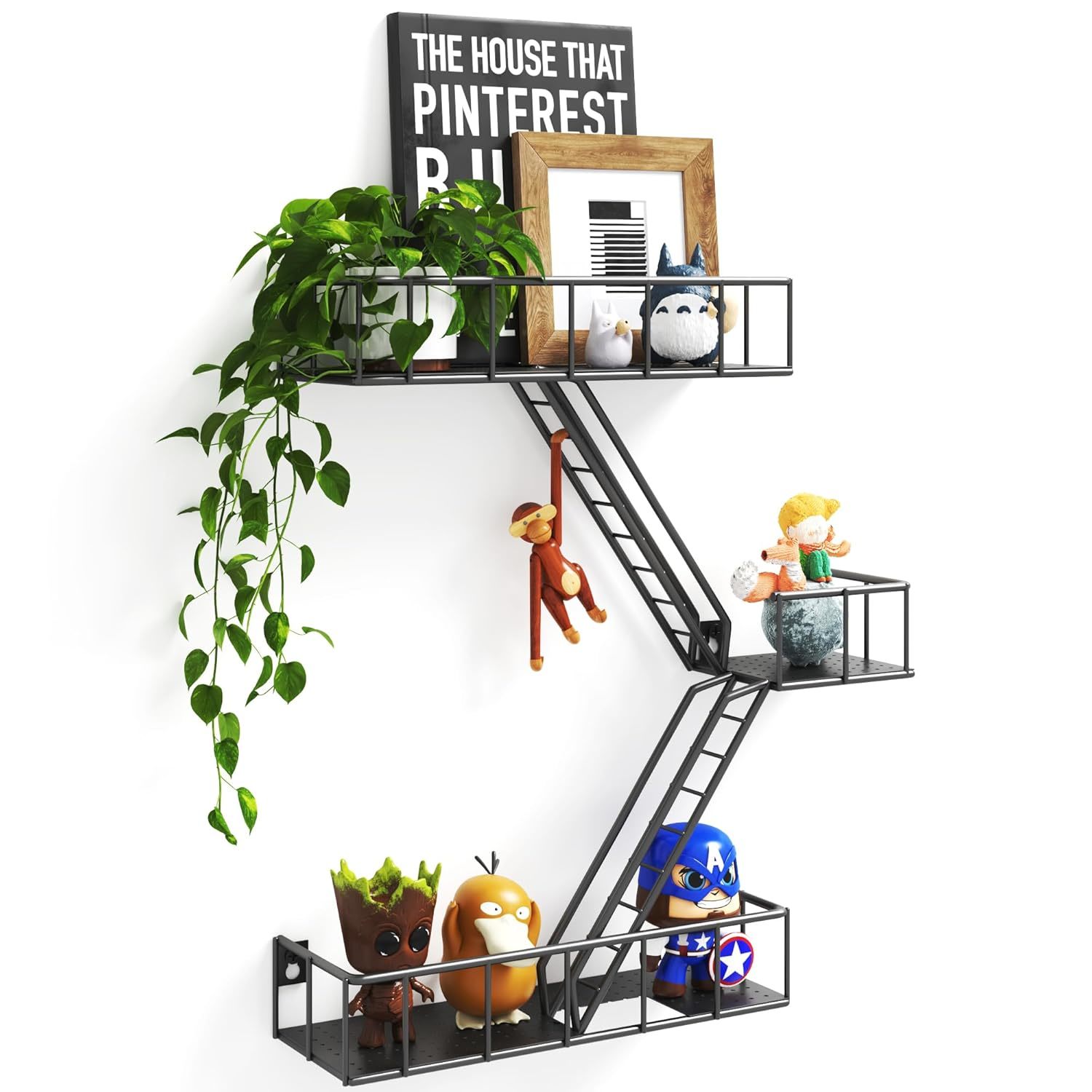 Fire Escape Wall Shelf With Baskets, 3-Tier Metal Fire Escape Ladder Shelf Wall