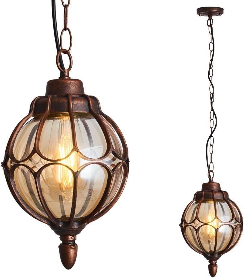 Primary image for Outdoor Pendant Light Fixture Vintage Glass Bronze Hanging Porch Globe Metal New