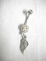 NEW DOUBLE SIDED FEATHERED ANGEL WING CHARM ON 14G CLEAR CZ BELLY BUTTON... - $4.99