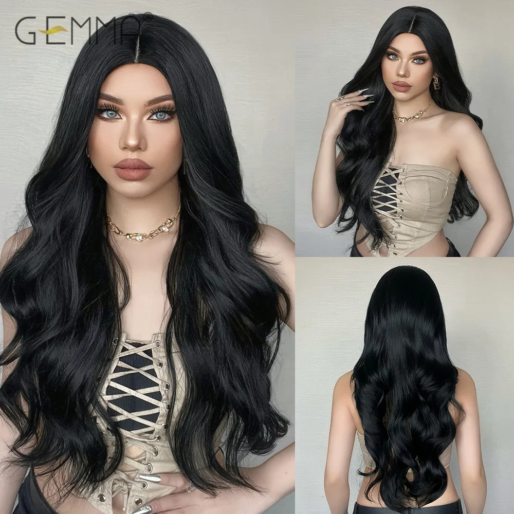 GEMMA Black Long Wavy Synthetic Wig Natural Black Body Wave Wigs for Women Af - £14.89 GBP+